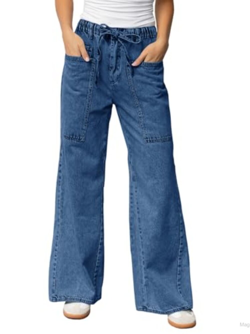 Wide Leg High Waist Jeans Stretch Denim Drawstring Pants Casual